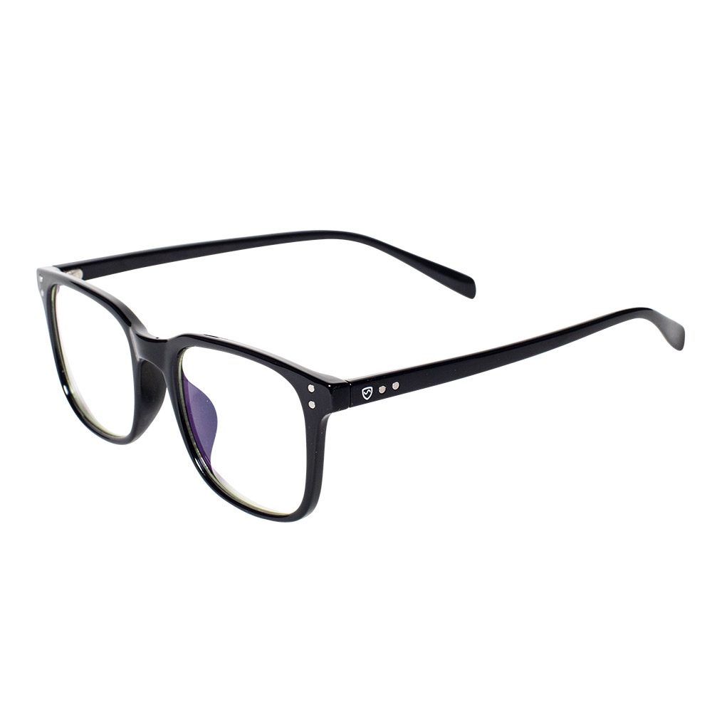 Black SYB Bluelight Glasses with square frames and clear lenses, front view against white background.