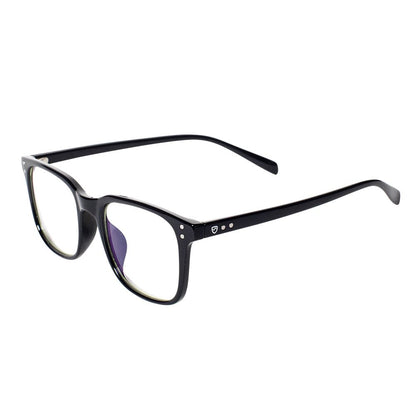 Black SYB Bluelight Glasses with square frames and clear lenses, front view against white background.