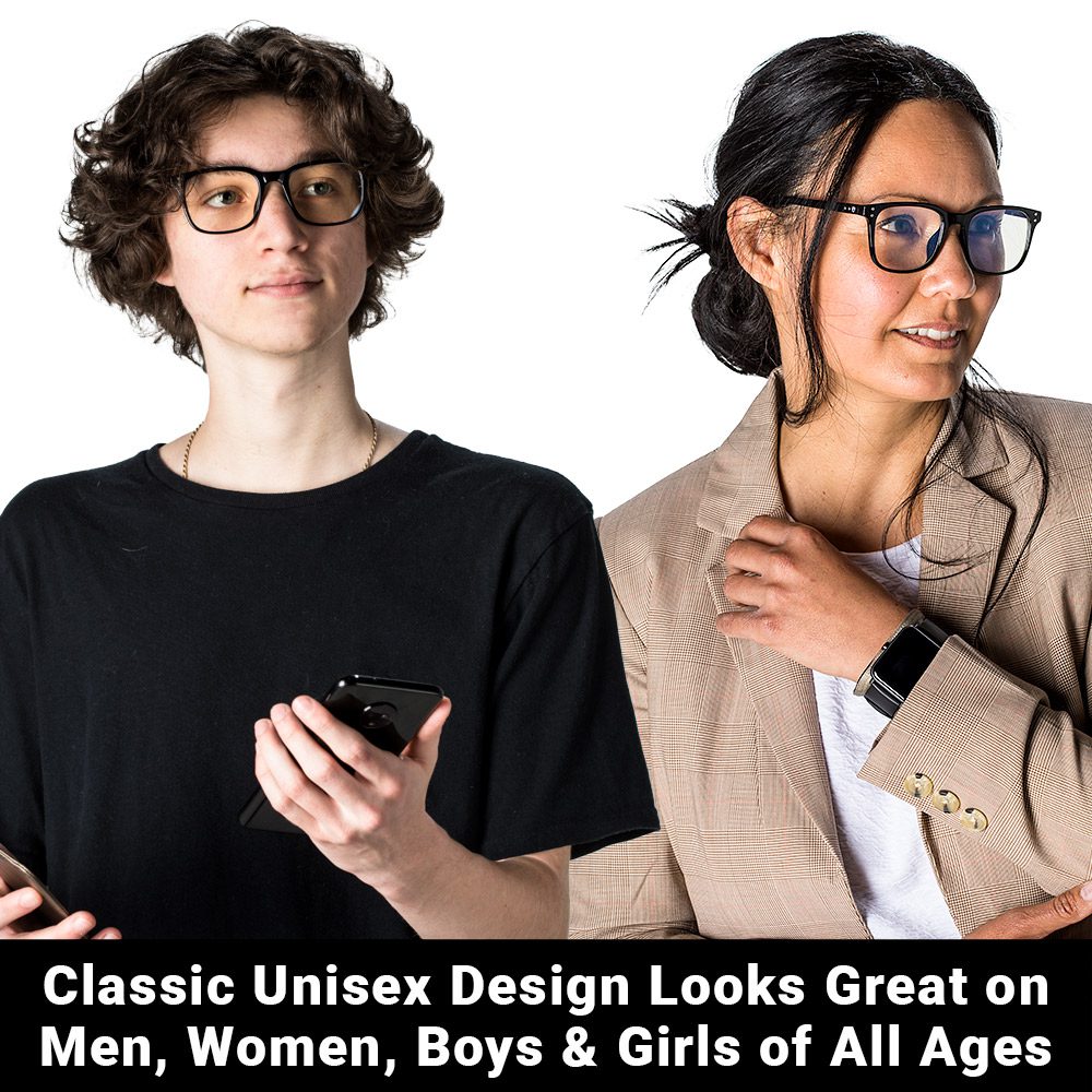 Two people wearing SYB Bluelight Glasses with classic unisex frames, demonstrating the eyewear style on different ages and presentations.