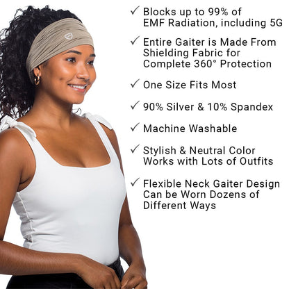 Woman wearing beige SYB Neck Gaiter as headband with product features listed including EMF radiation blocking and silver-spandex material.