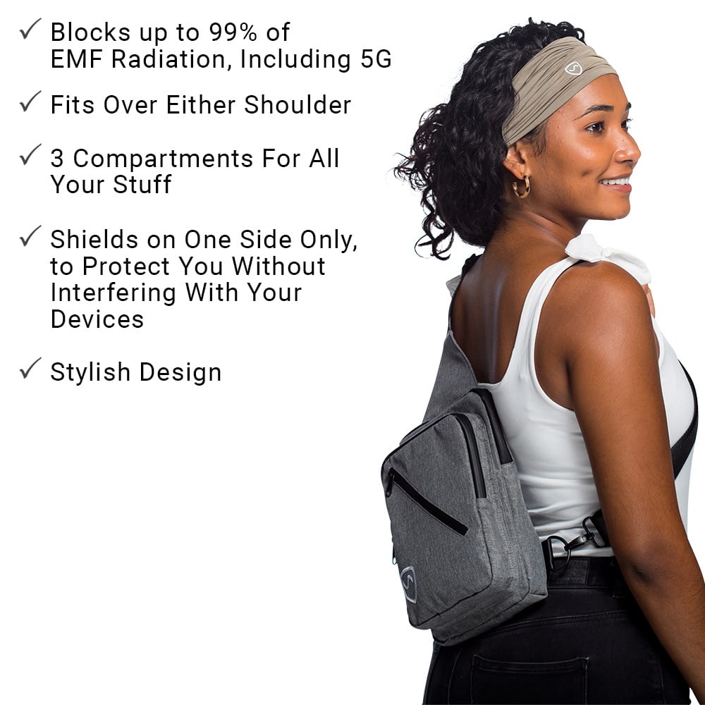 Woman wearing gray SYB Sling Bag over shoulder with headband, demonstrating fit and styling with product features listed.