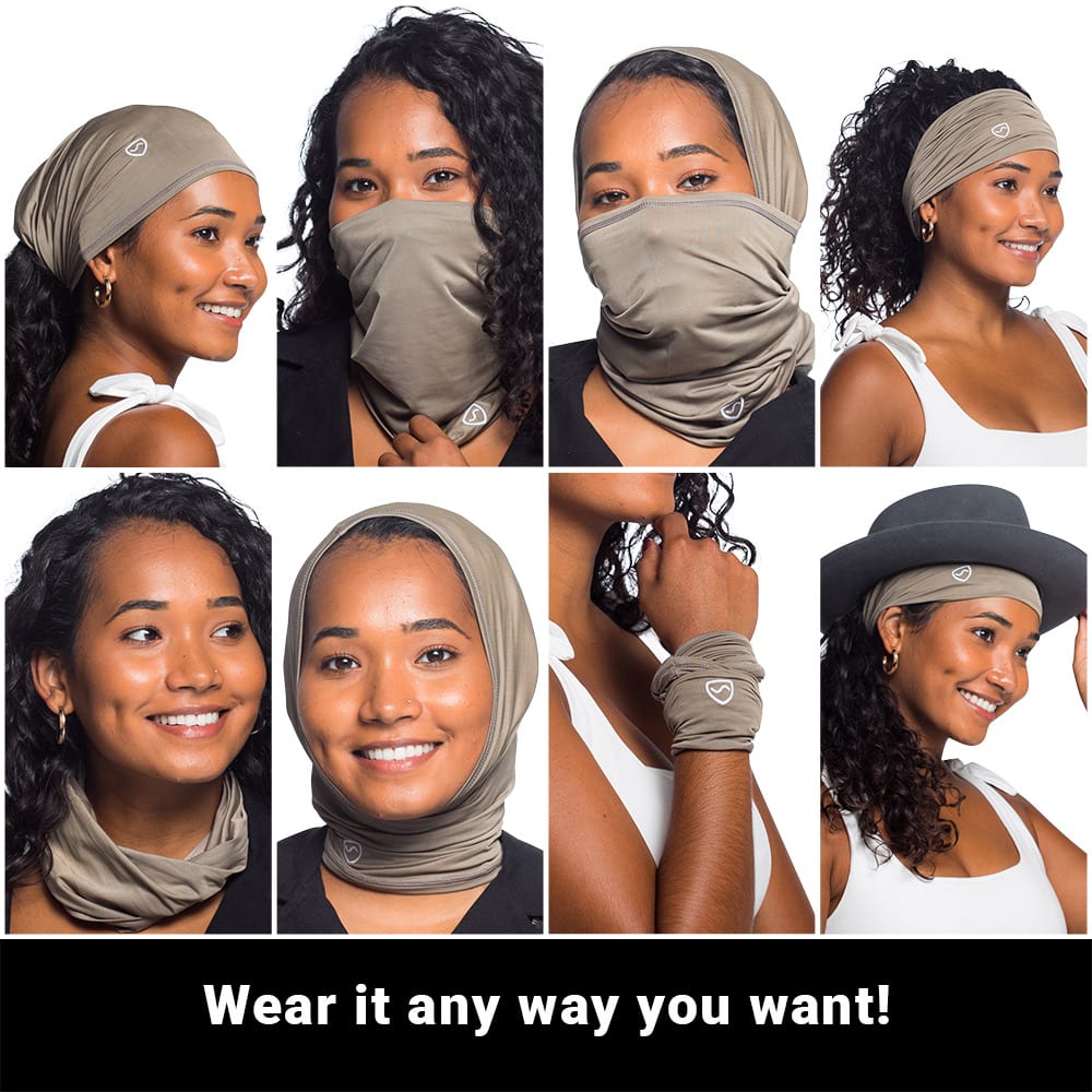 SYB Neck Gaiter worn eight different ways: as headband, face mask, neck gaiter, wristband, and cowl neck on diverse models.