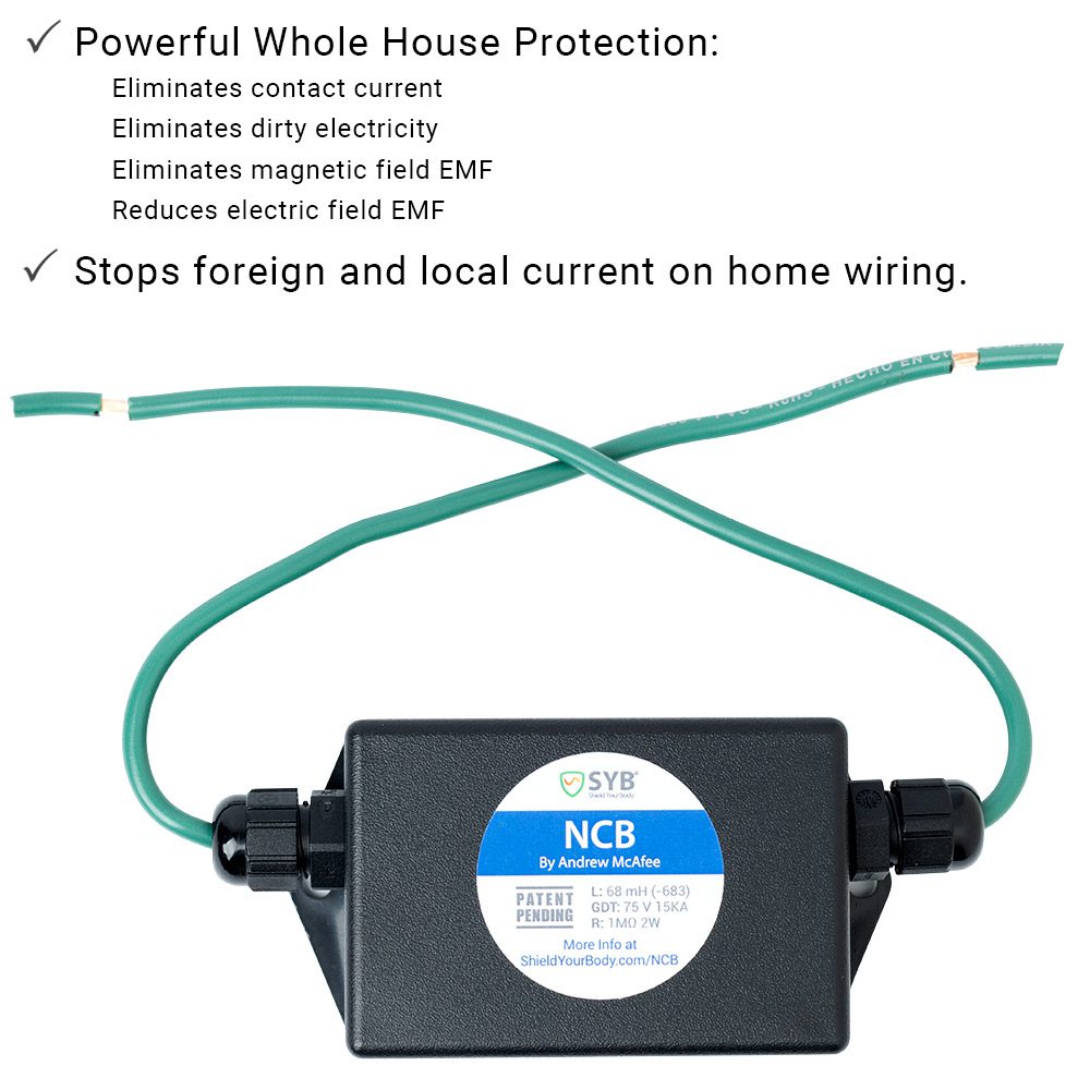 NCB Pro Dirty Electricity Filter with green power cords crossed above the black device showing product label and specifications.