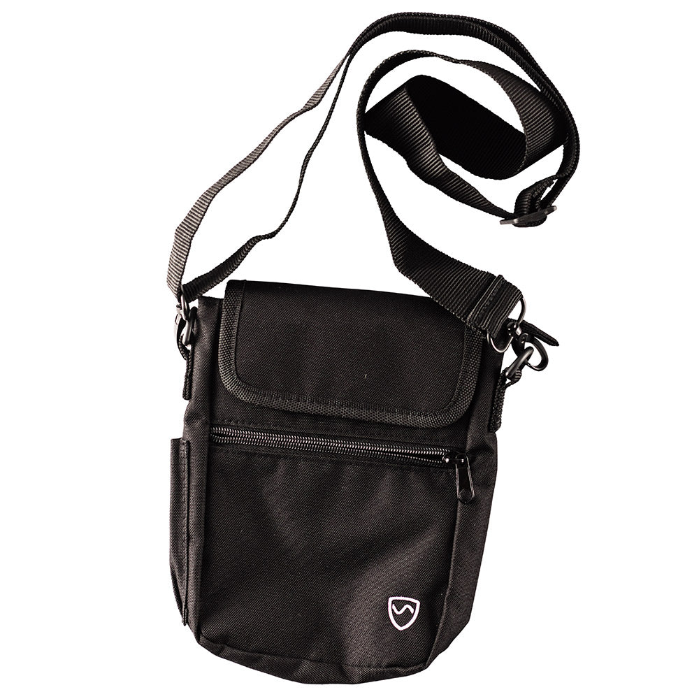 Black SYB Phone Pouch Deluxe with adjustable shoulder strap, front zippered pocket, and shield logo, displayed against white background.
