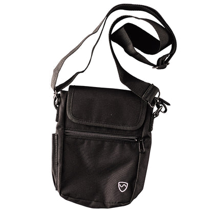 Black SYB Phone Pouch Deluxe with adjustable shoulder strap, front zippered pocket, and shield logo, displayed against white background.