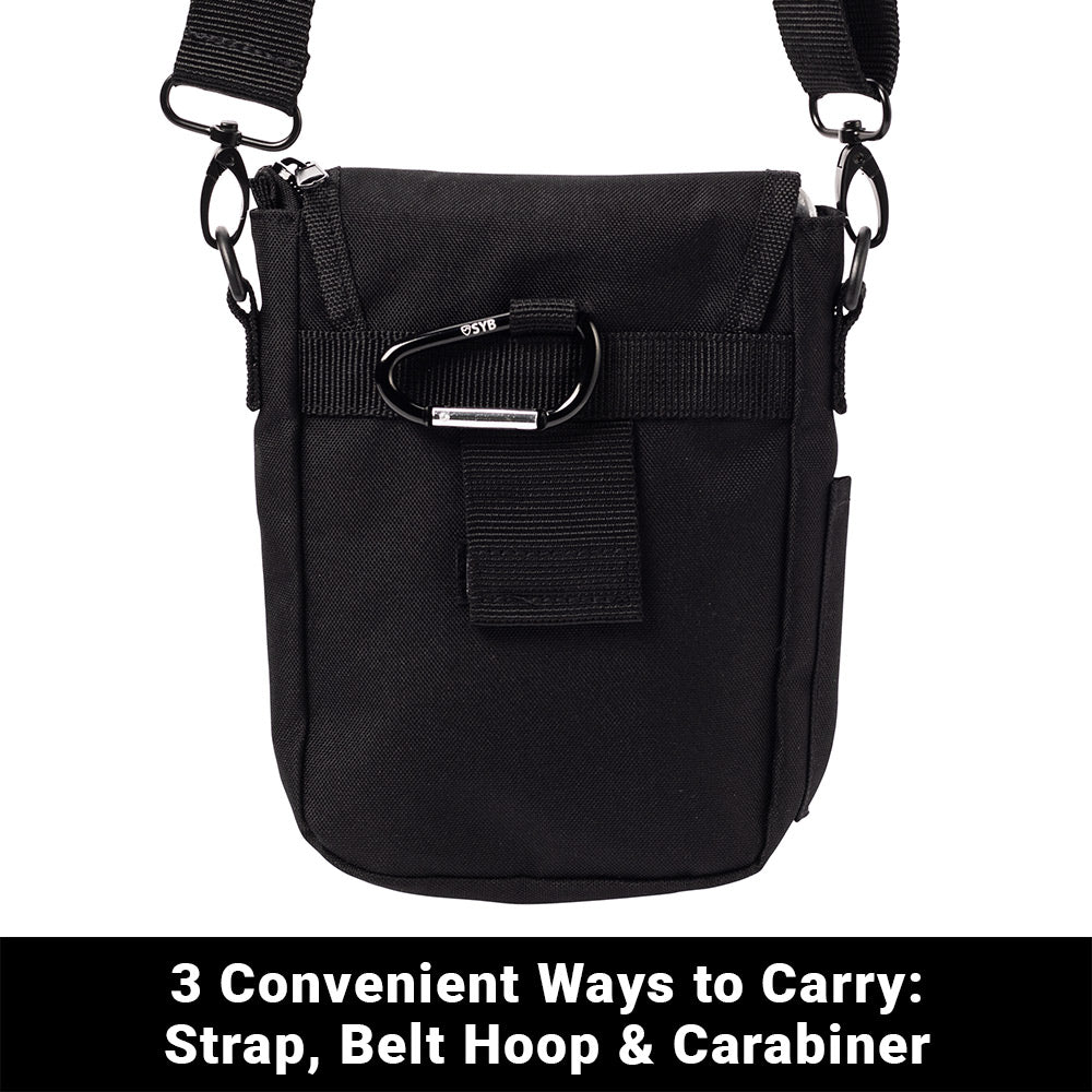 Black SYB Phone Pouch Deluxe with shoulder strap, belt loop, and carabiner attachment options displayed front view.