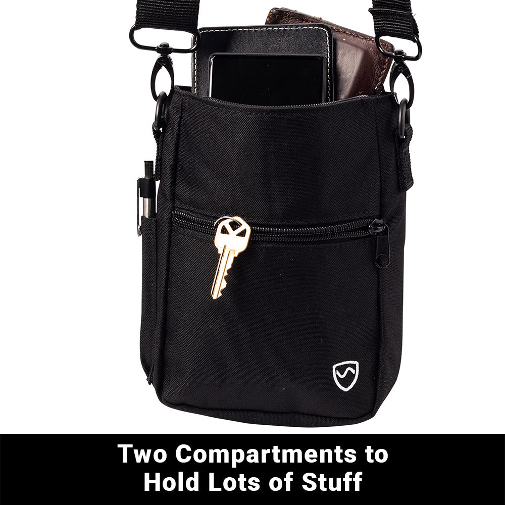 SYB Phone Pouch Deluxe black shoulder bag with two compartments, displaying open top pocket with phone and leather wallet inside, key attached to zipper.