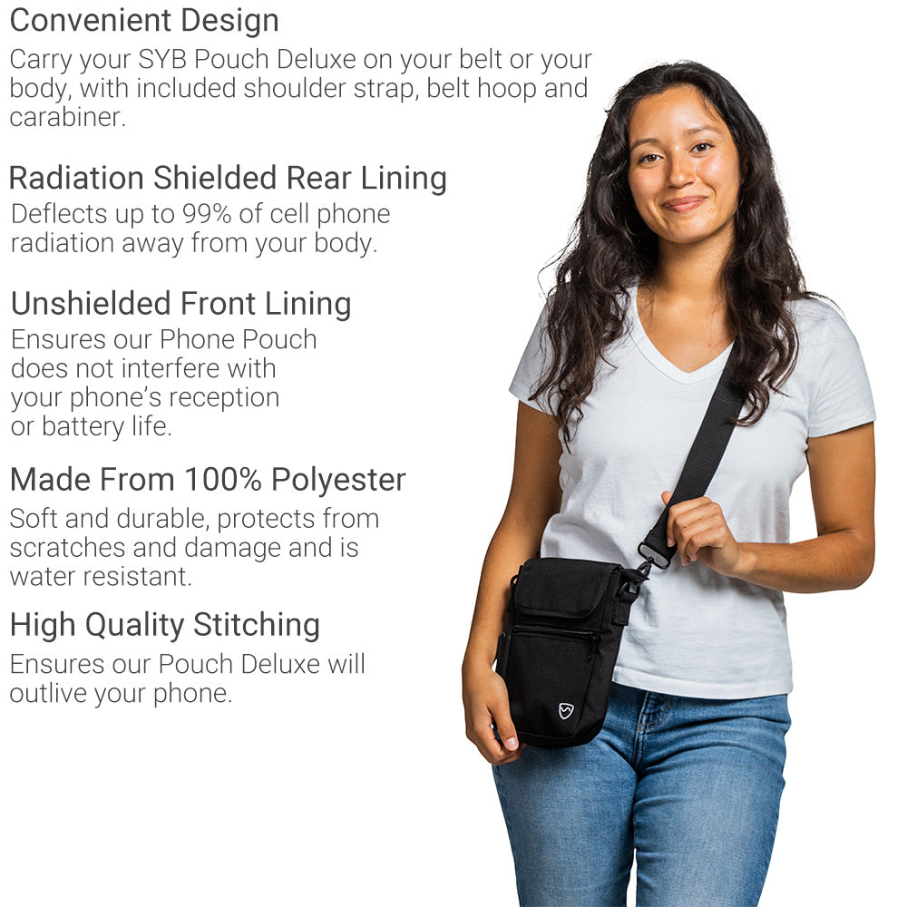 Woman wearing SYB Phone Pouch Deluxe black shoulder bag with features listed: convenient design, radiation shielded rear lining, unshielded front lining, 100% polyester material, high quality stitching.