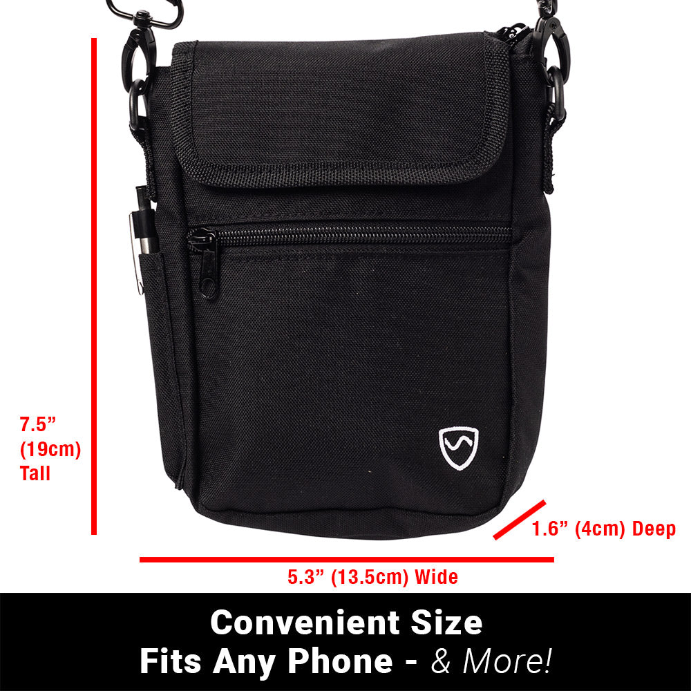 SYB Phone Pouch Deluxe front view with dimensions: 5.3" wide, 7.5" tall, 1.6" deep, featuring shoulder strap and front zipper pocket.