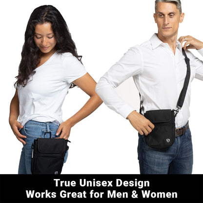 Man and woman wearing SYB Phone Pouch Deluxe in black, demonstrating unisex design worn at hip and shoulder positions.