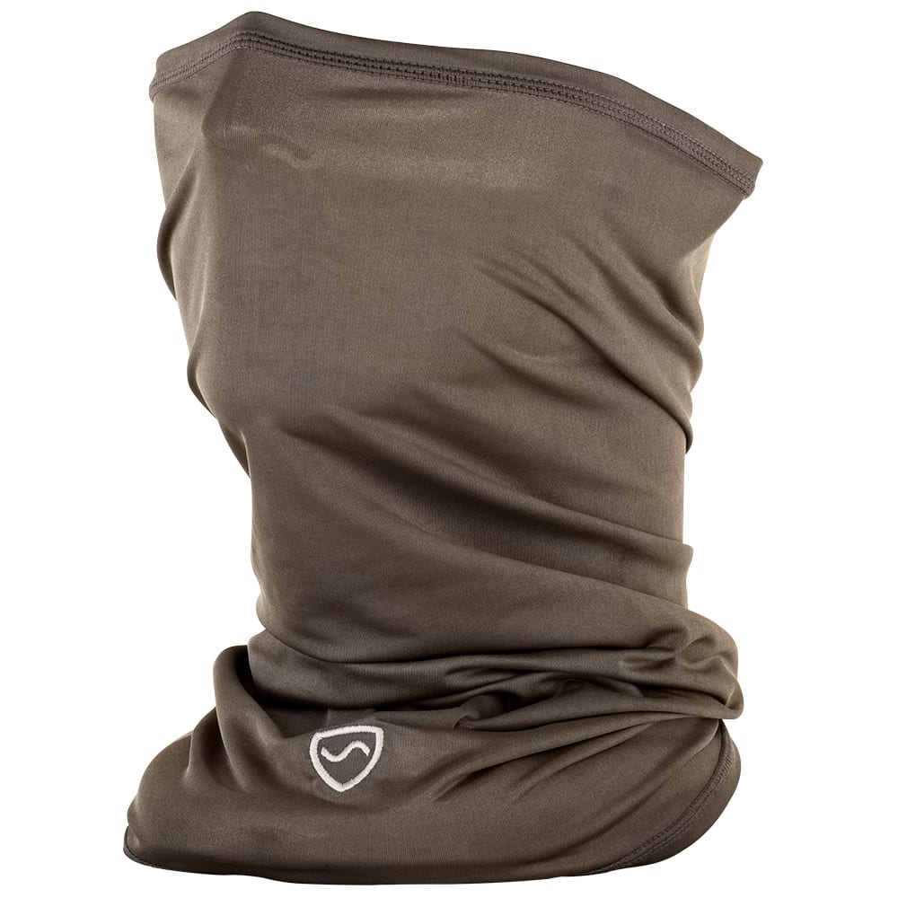 Olive green SYB Neck Gaiter displayed flat against white background, showing gathered fabric texture and small logo badge at lower front.