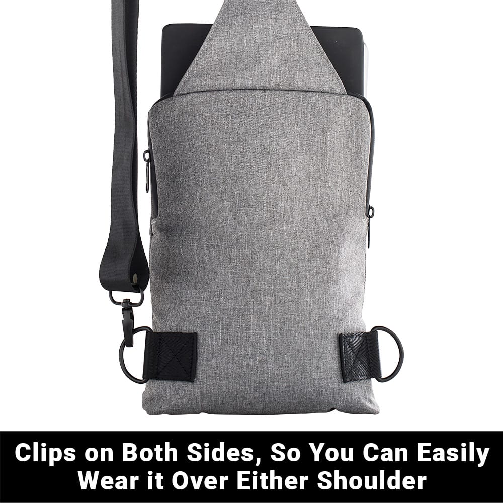 SYB Sling Bag back view showing gray fabric with black shoulder strap and side clips for versatile wearing options.