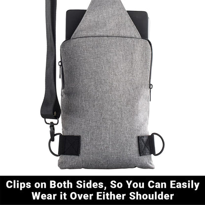 SYB Sling Bag back view showing gray fabric with black shoulder strap and side clips for versatile wearing options.