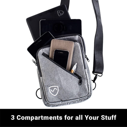 SYB Sling Bag open with multiple compartments displaying smartphone, tablet, wallet, and pen storage capacity.