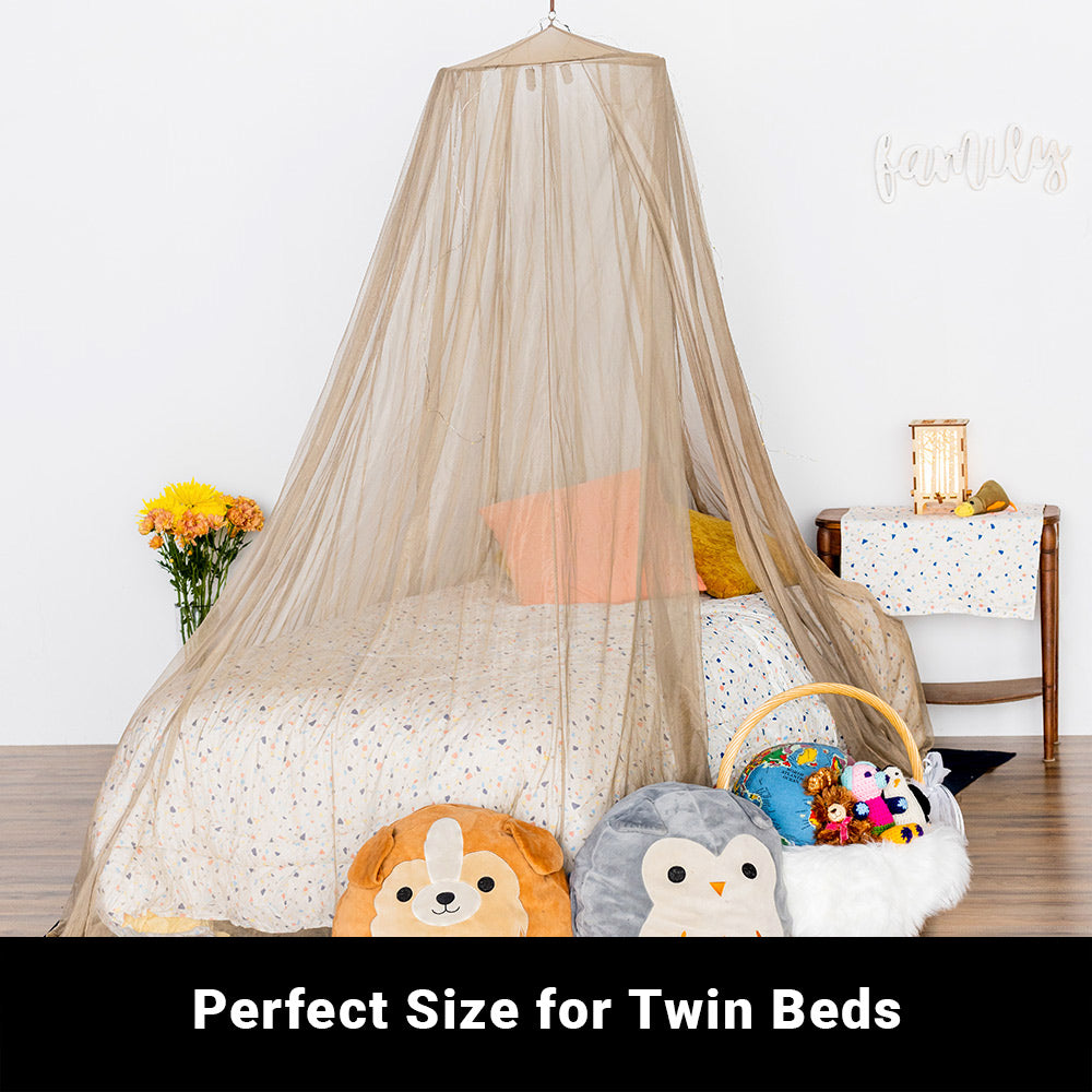 SYB Faraday Serenity Canopy draped over twin bed with stuffed animals and toys in bedroom setting.