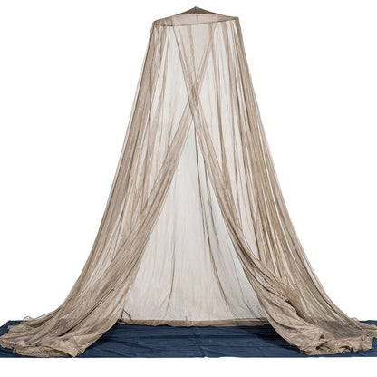 SYB Faraday Serenity Canopy in beige linen hanging from ceiling mount, sheer fabric draped over dark blue floor base.
