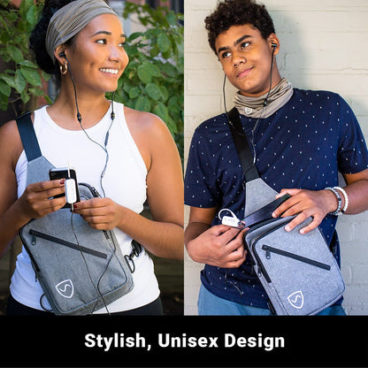 Two people wearing SYB Sling Bags in gray, demonstrating unisex design with earbuds and devices, shown on different body types.
