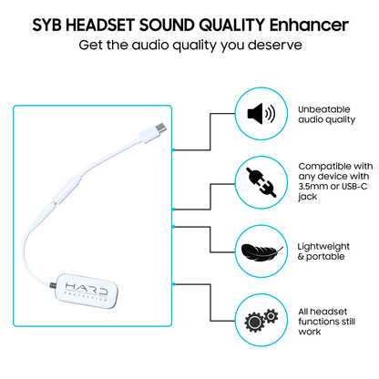 SYB H.A.R.D. Headset Anti-Radiation Device with feature callouts highlighting audio quality, device compatibility, portability, and functionality benefits.