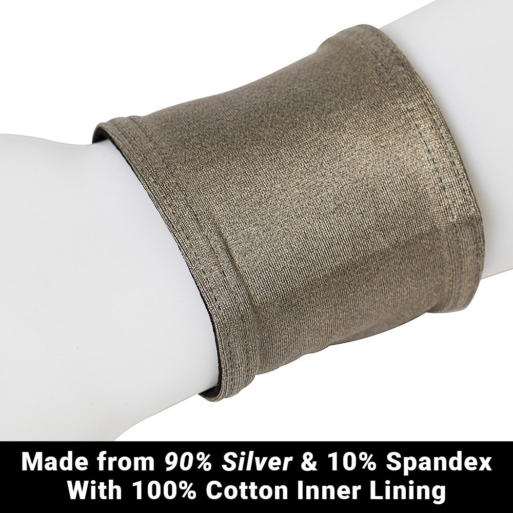 SYB Wrist Band in gray textile wrapped around white cylinder, showing material composition of 90% silver and 10% Spandex with cotton lining.