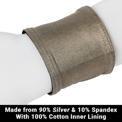 SYB Wrist Band in gray textile wrapped around white cylinder, showing material composition of 90% silver and 10% Spandex with cotton lining.