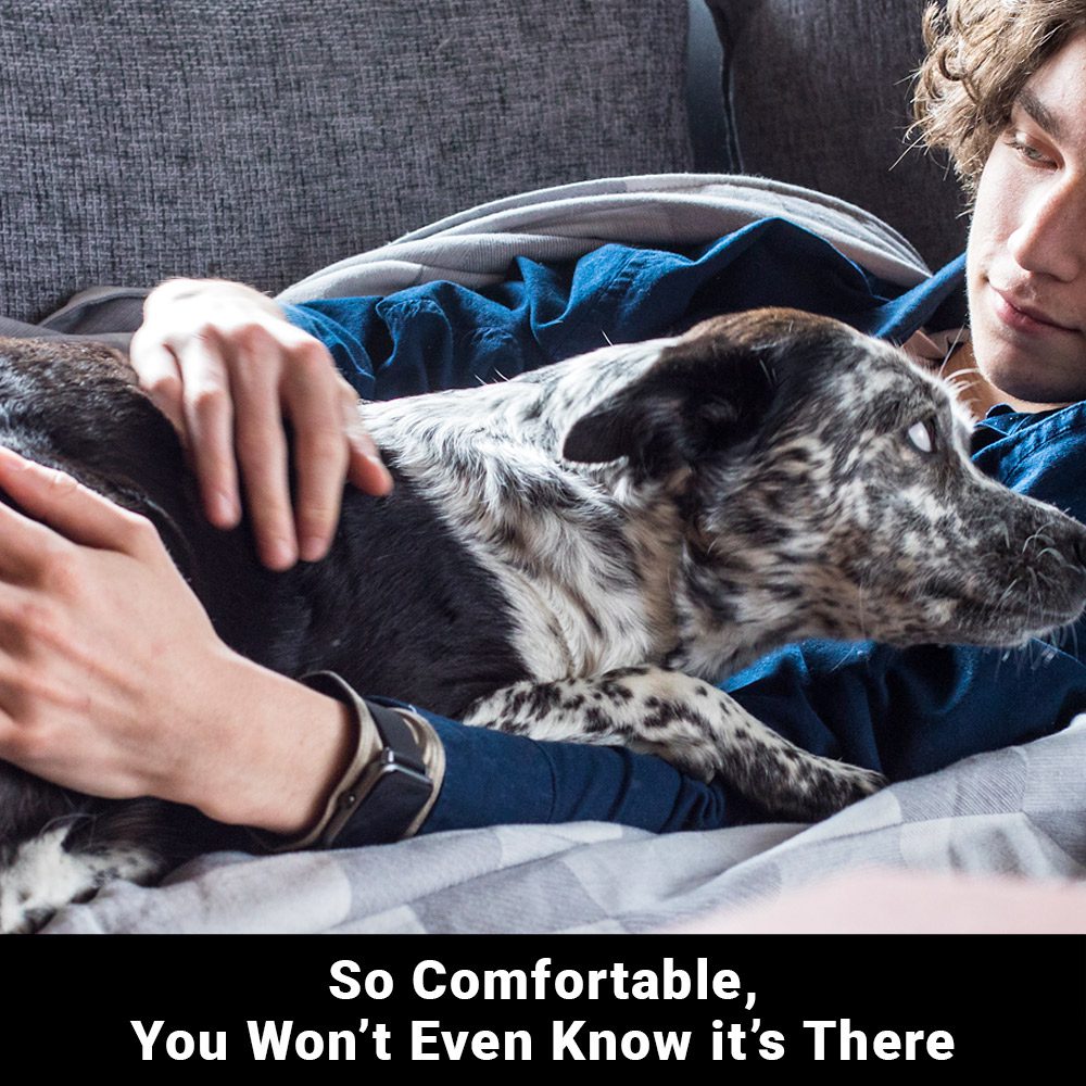 Person wearing SYB Wrist Band while petting a spotted dog on a couch, demonstrating comfort and fit during everyday activity.
